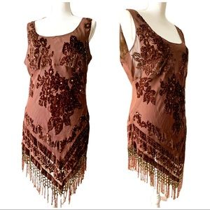 eci brown Asymmetric-Hem sleeveless tunic velvet appliqués beaded tassels 14